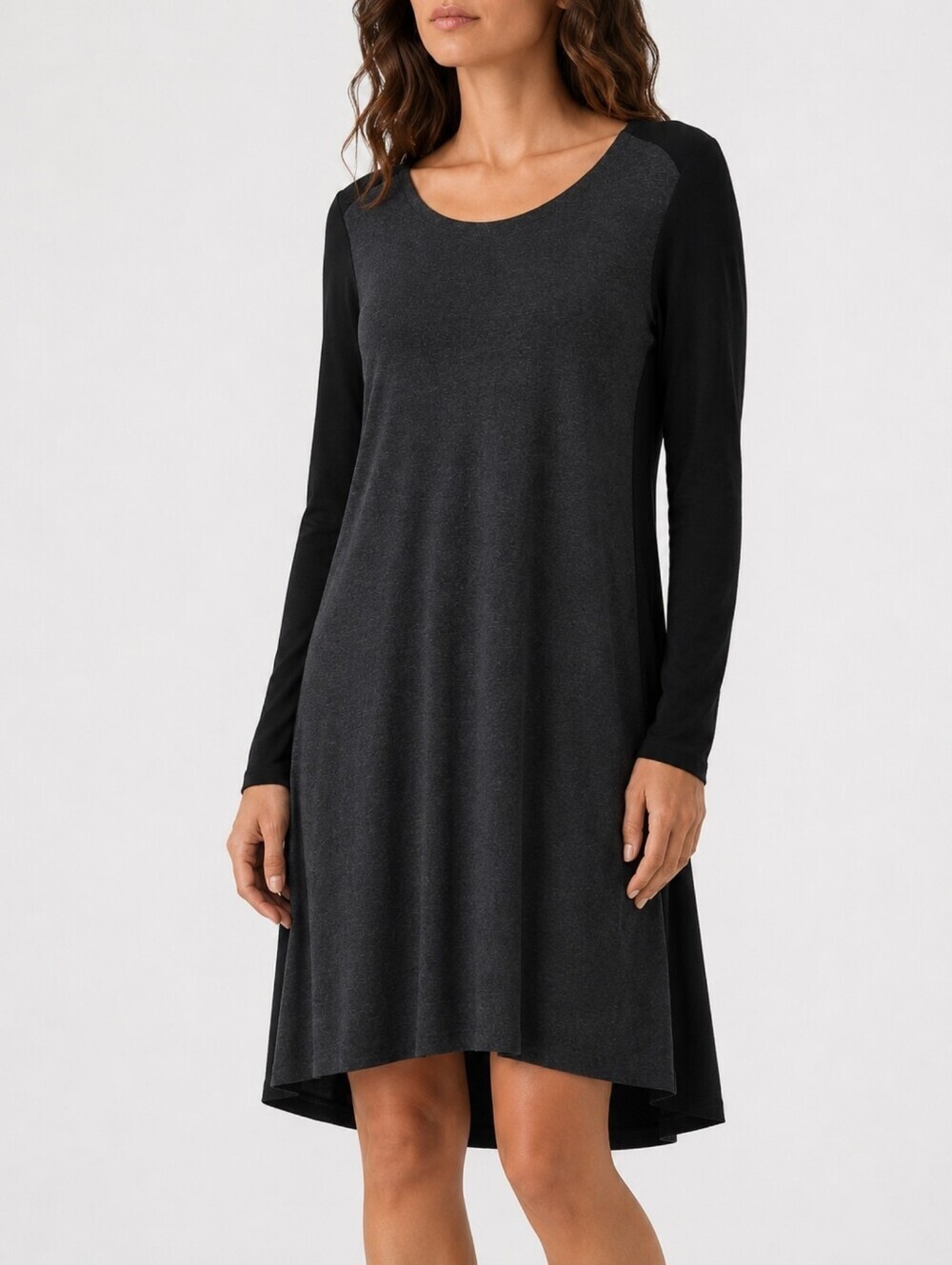 Eileen Fisher High Low Jersey Knit Dress SP Black Gray Travel Capsule